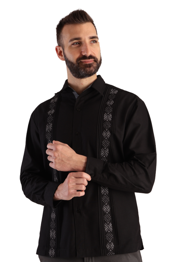 Camisa Guayabera Negra Manga Larga Corte Clásico Bordado Para Hombre